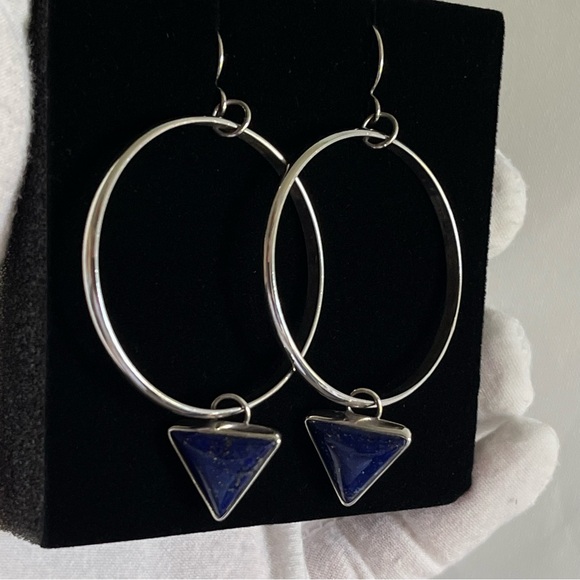Silver Hoop Lapis Lazuli Drop Earrings - Picture 7 of 9